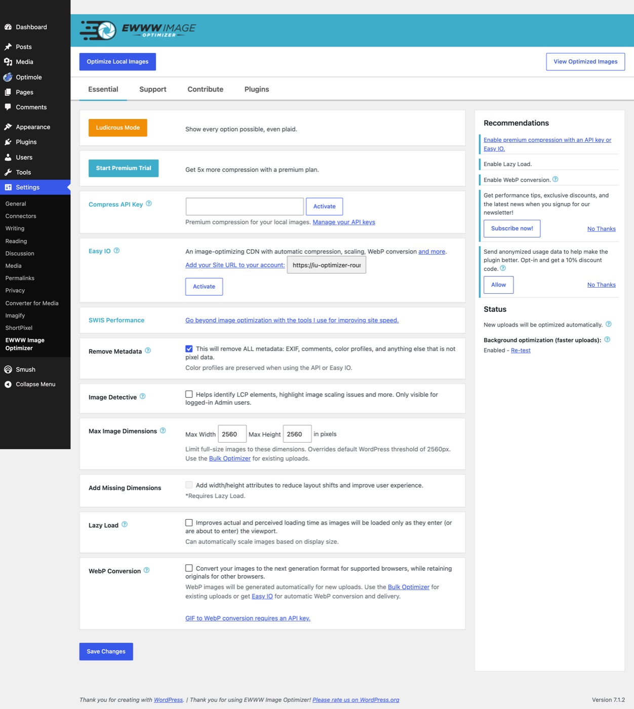 EWWW Image Optimizer settings screen in WordPress with local compression, WebP conversion, lazy load and the Easy IO CDN option