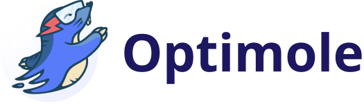 Illustrated blue mole with goggles beside "Optimole" text in bold, dark blue.
