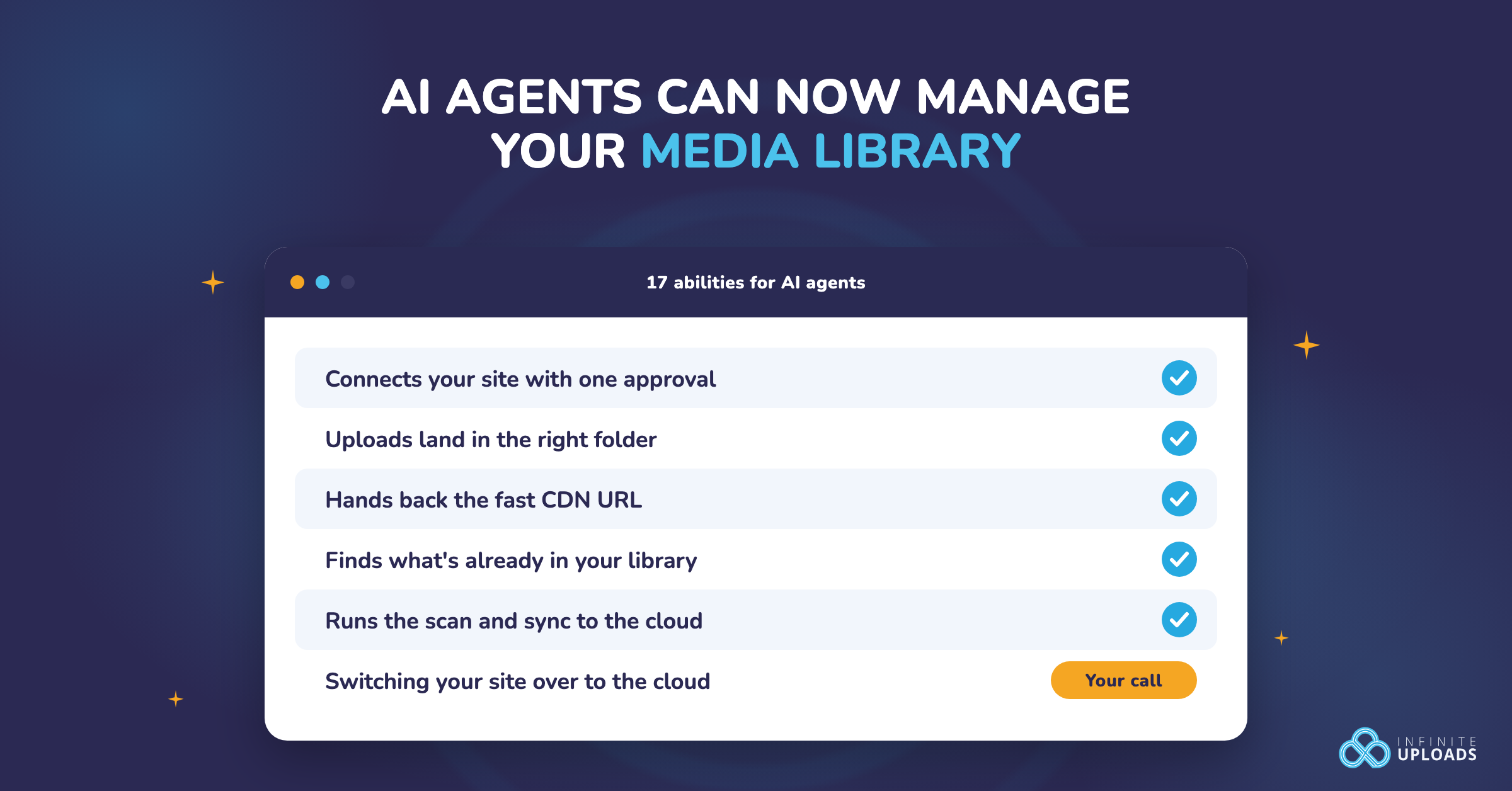 Infinite Uploads 3.4 featured image reading AI agents can now manage your media library, with a checklist of 17 abilities from connecting your site with one approval to the switch to the cloud marked as your call