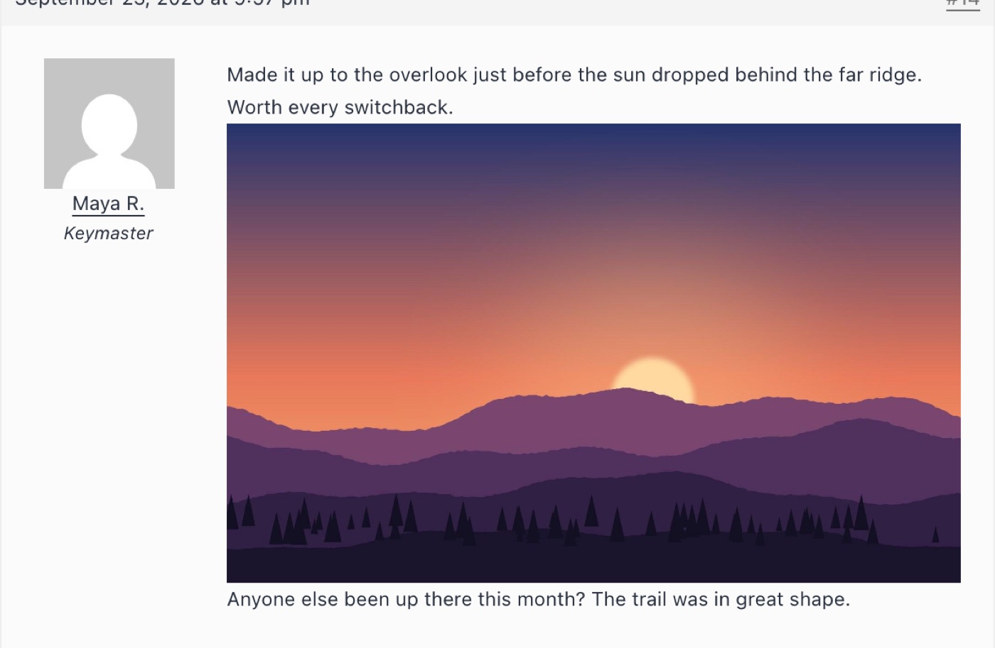 Illustration of sunset over purple mountains, with trees silhouetted in foreground.