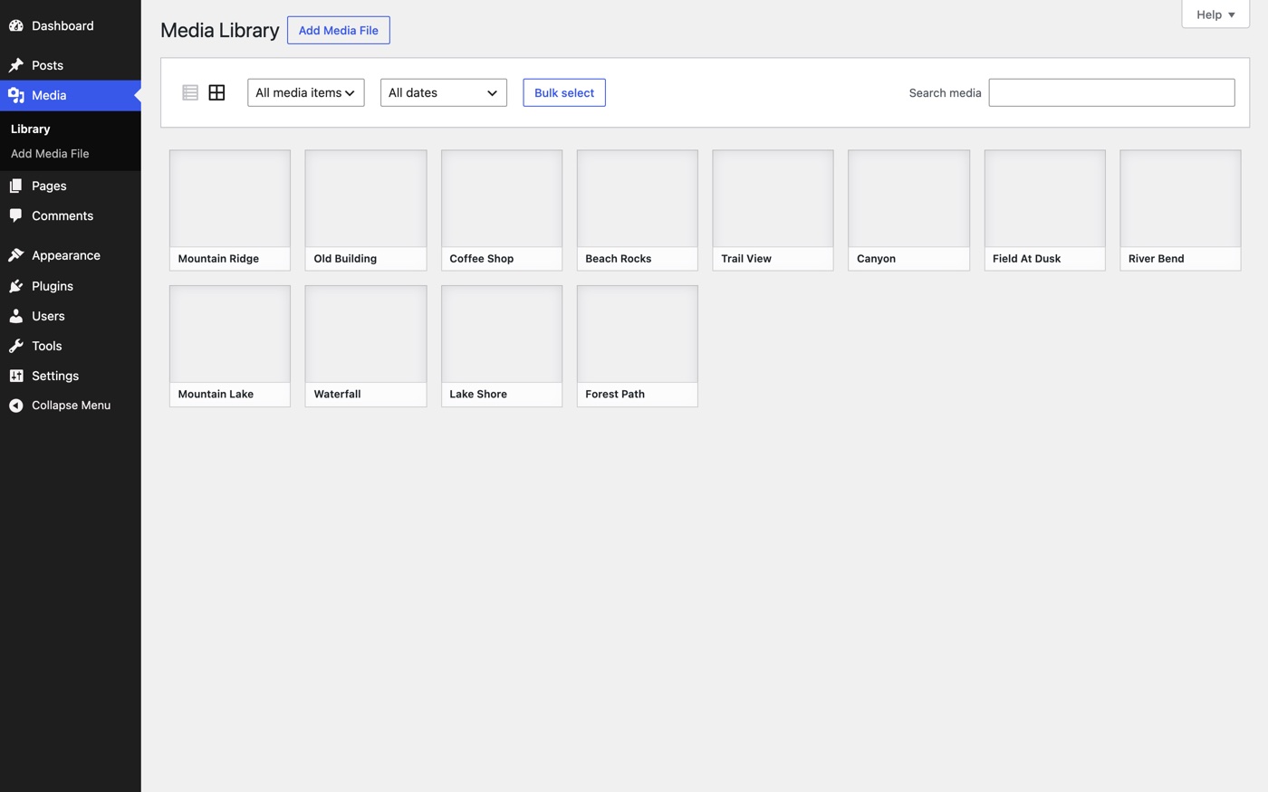 WordPress Media Library grid with twelve gray placeholder boxes instead of image thumbnails