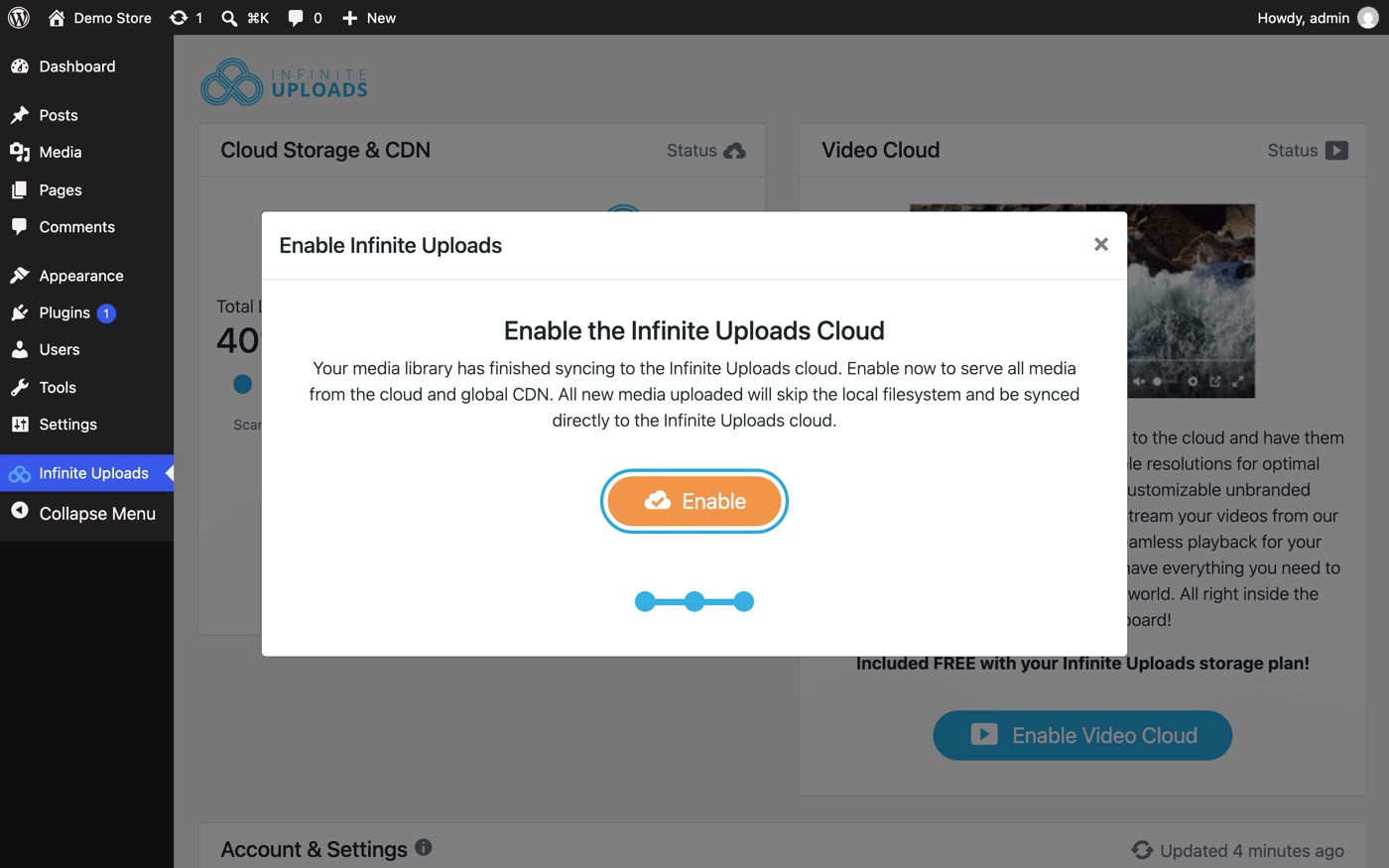 Infinite Uploads screen showing the Enable Infinite Uploads window after a finished sync, with the Enable button