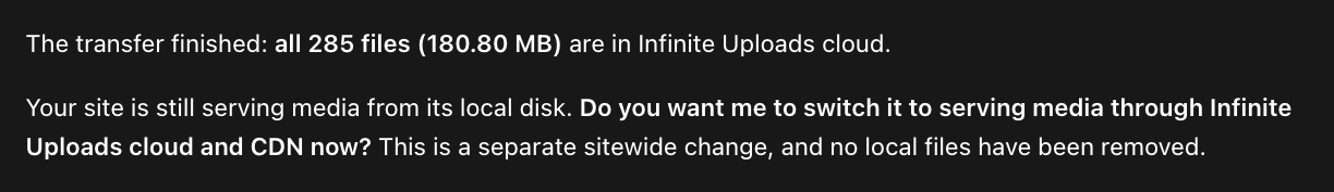 An AI tool's reply after the sync finished, asking whether to switch the site over to serve media from the Infinite Uploads cloud and CDN