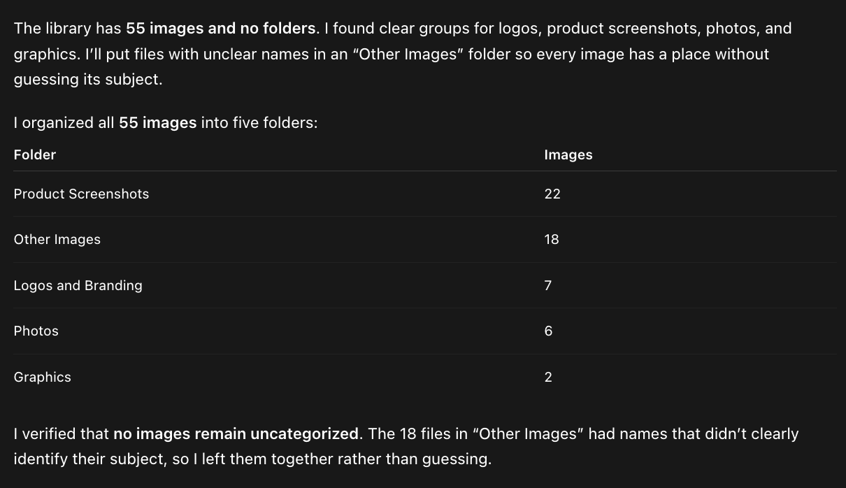 An AI agent's reply after organizing 55 images into five new folders, Product Screenshots, Other Images, Logos and Branding, Photos and Graphics, with how many images each holds