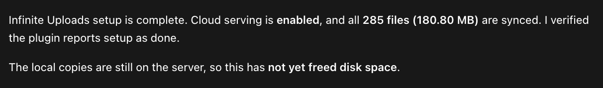 An AI tool's reply confirming cloud serving is enabled and all files are synced, and noting the local copies are still on the server