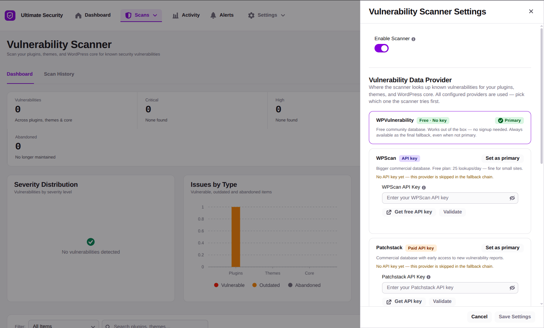 Vulnerability scanner dashboard with settings panel, purple accents, and no vulnerabilities detected.