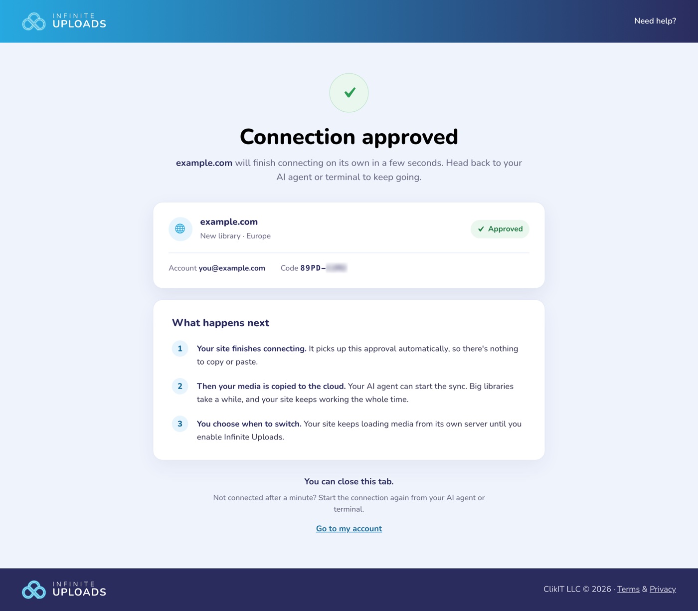 Connection approved page for example.com showing a new library in Europe, the account and code, and what happens next