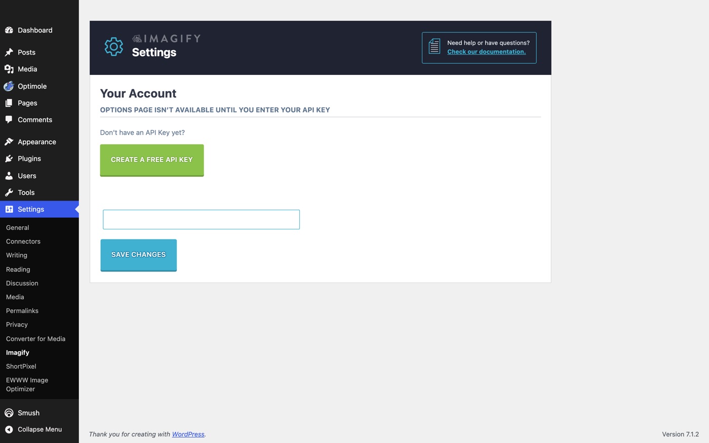 Imagify settings screen in WordPress showing that the options page stays locked until a free API key is entered