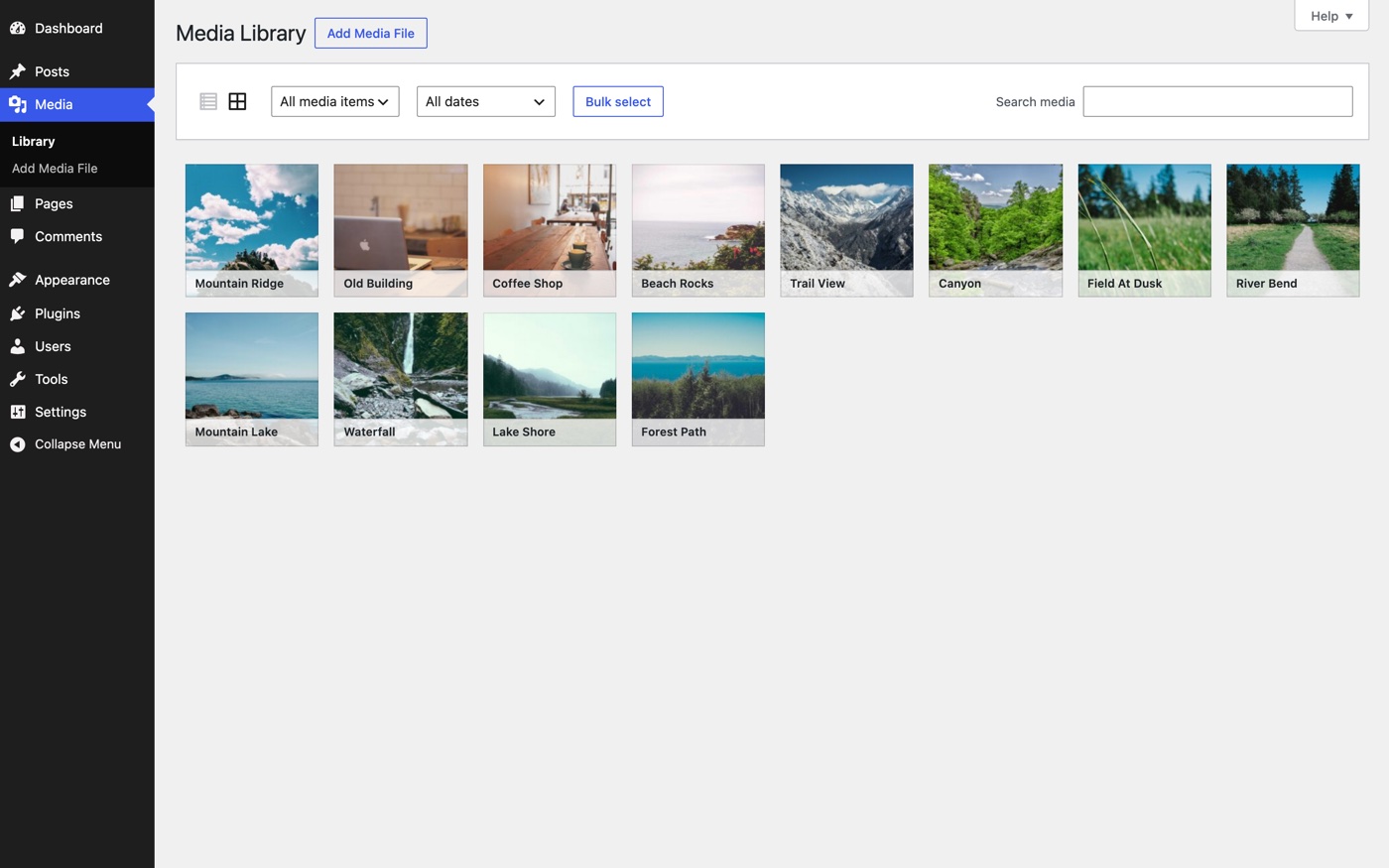 WordPress Media Library grid showing twelve photo thumbnails loading correctly after the upload URL was fixed