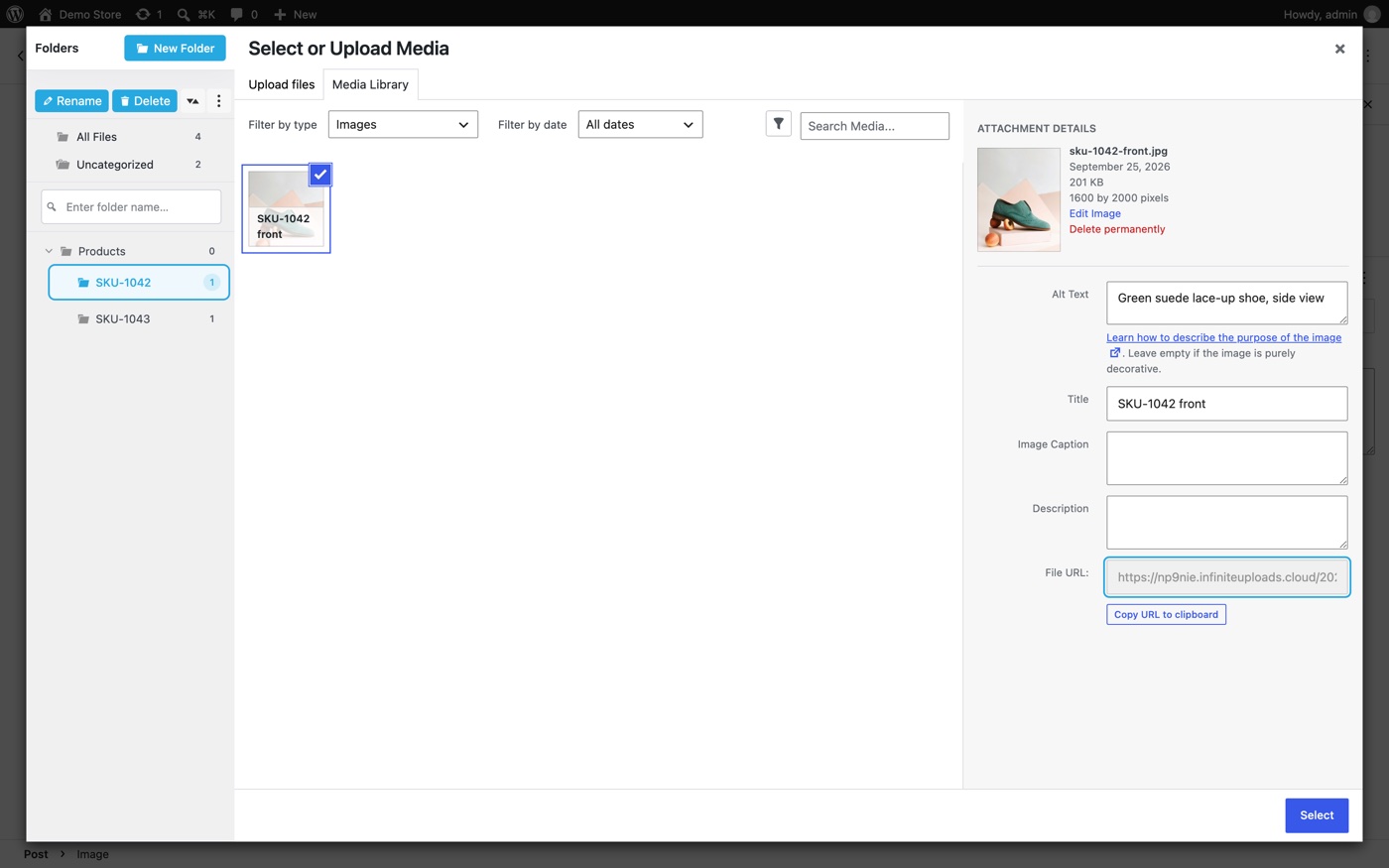 WordPress Media Library showing the Products/SKU-1042 folder with a product photo an AI agent uploaded, and its CDN file URL in the attachment details