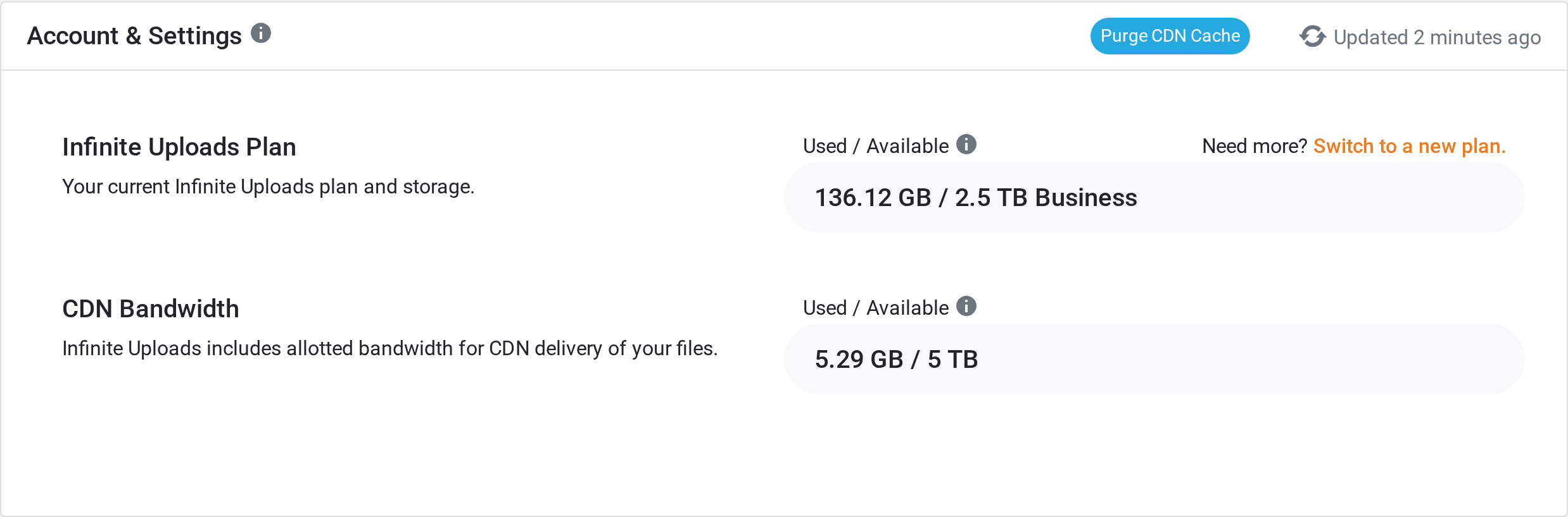 Infinite Uploads Account & Settings panel on a connected WordPress site showing a 2.5 TB Business plan and CDN bandwidth used, with the Purge CDN Cache button
