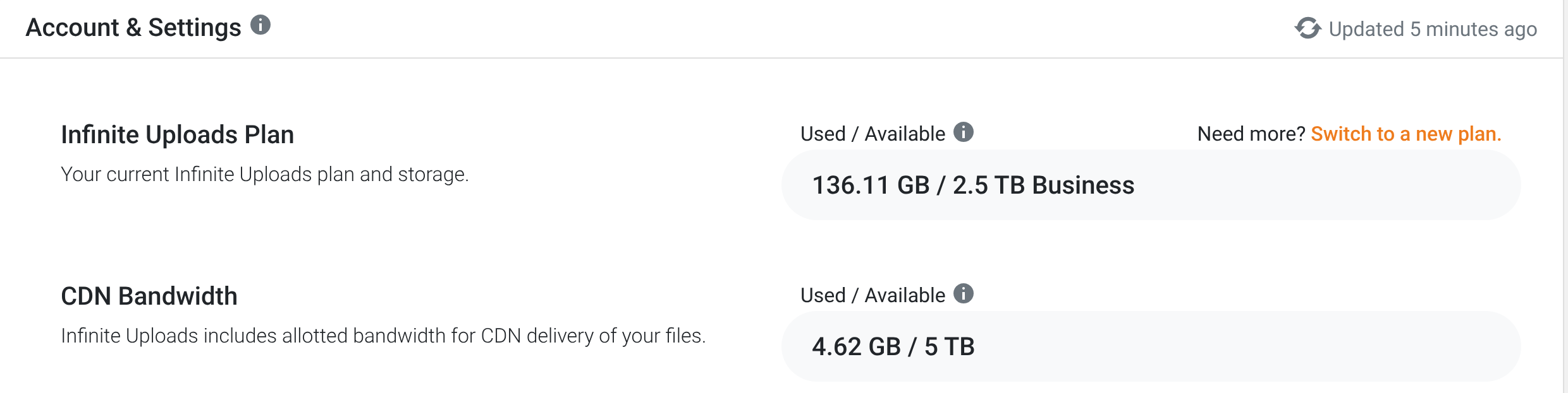 Infinite Uploads plugin panel in WordPress showing storage and CDN bandwidth used against the plan