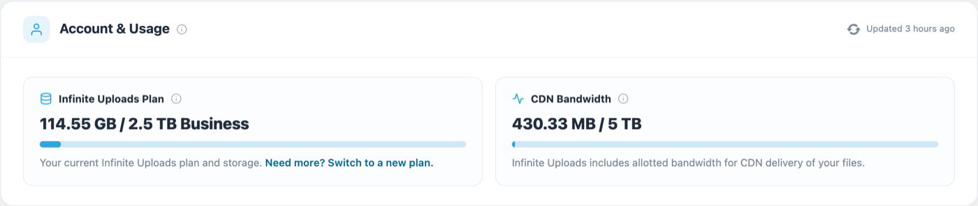 Infinite Uploads 3.5 overview screen showing storage and bandwidth usage bars