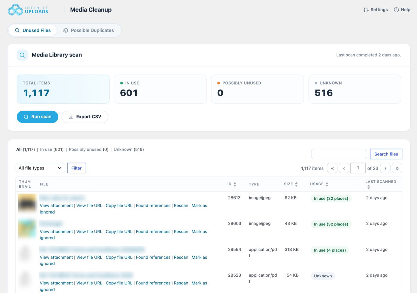Media Cleanup scan results in the WordPress admin listing used and unused media files