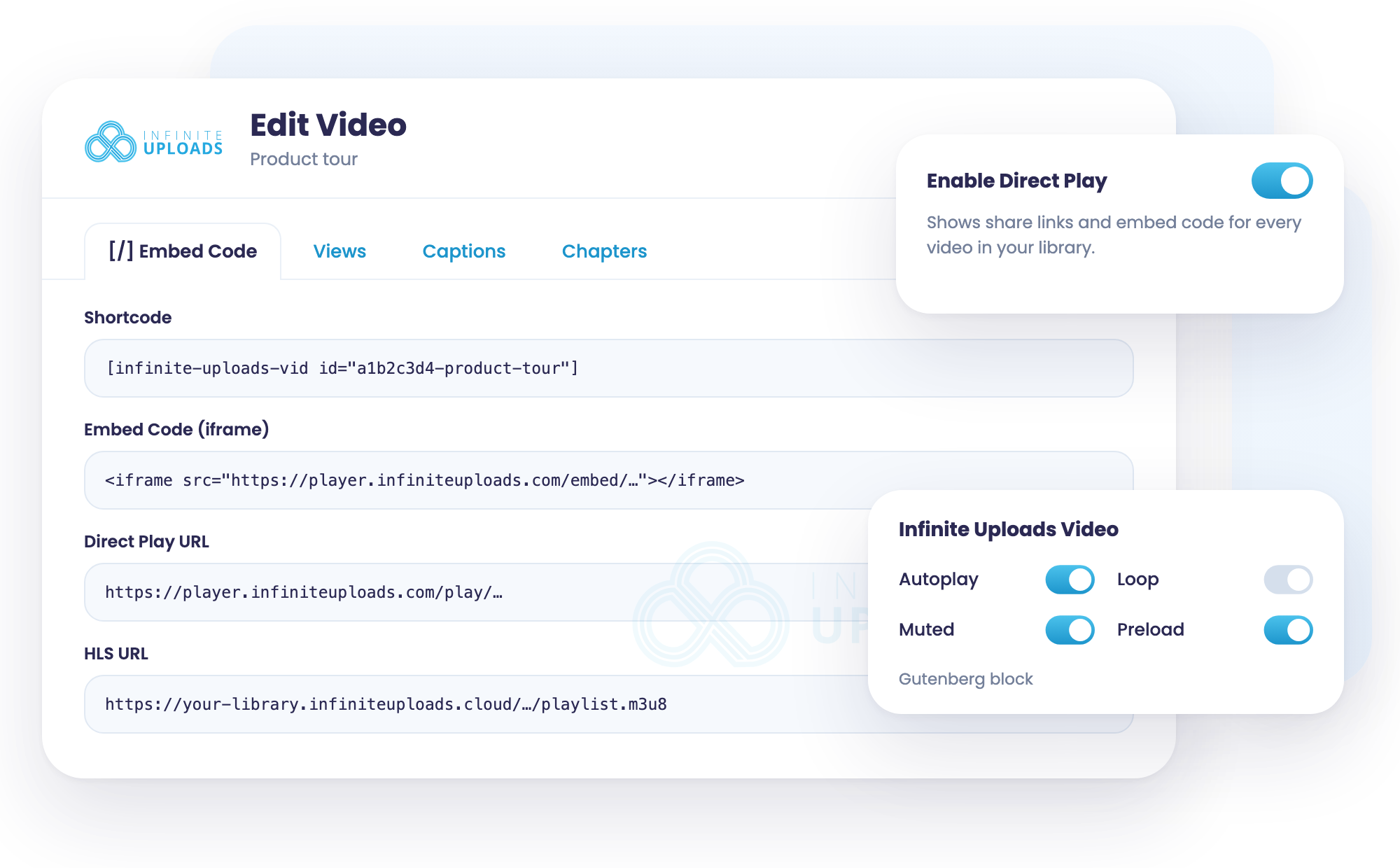 Embed Code tab with shortcode, iframe, Direct Play and HLS URLs