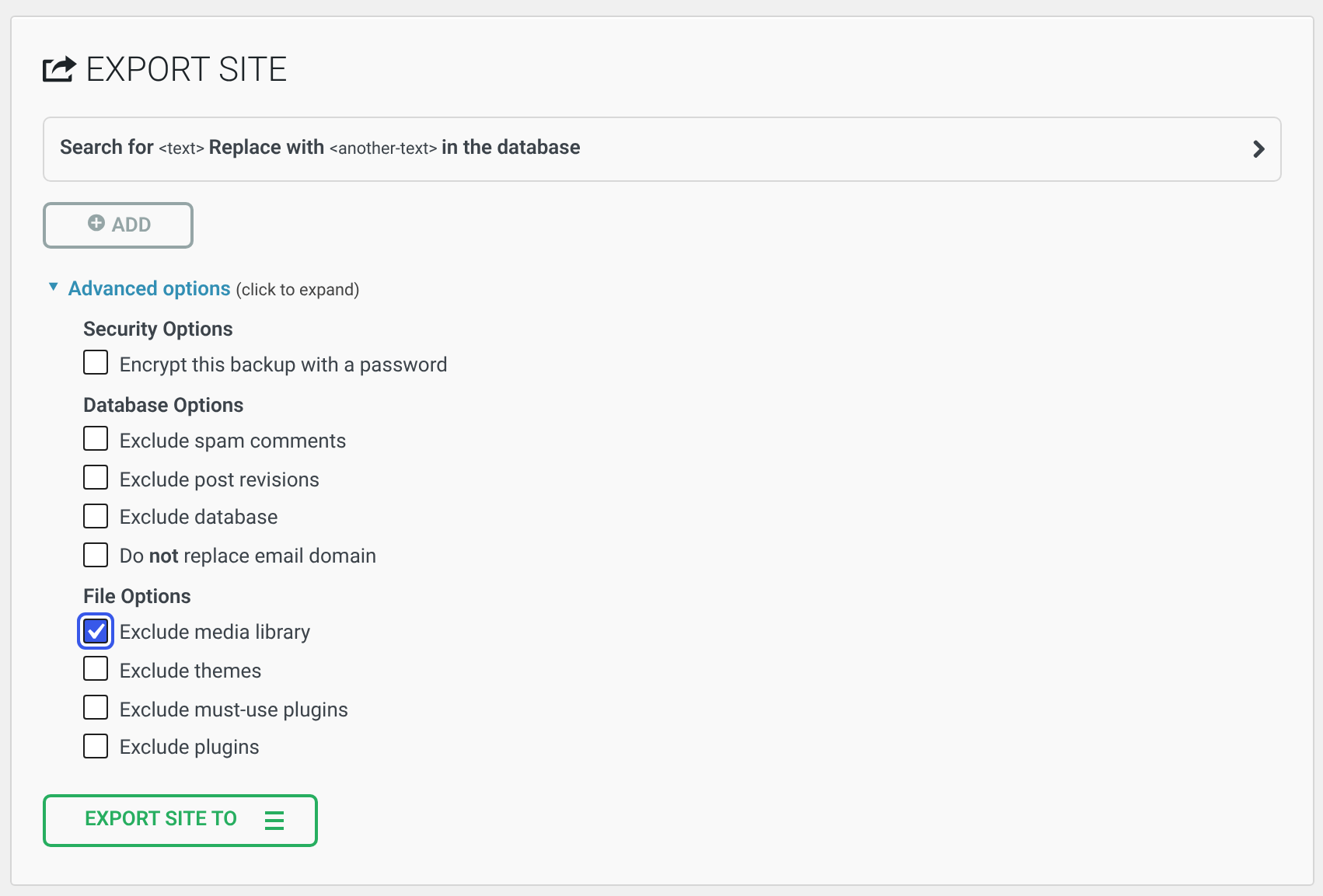 All-in-One WP Migration Export Site screen with Advanced options expanded and the Exclude media library checkbox ticked