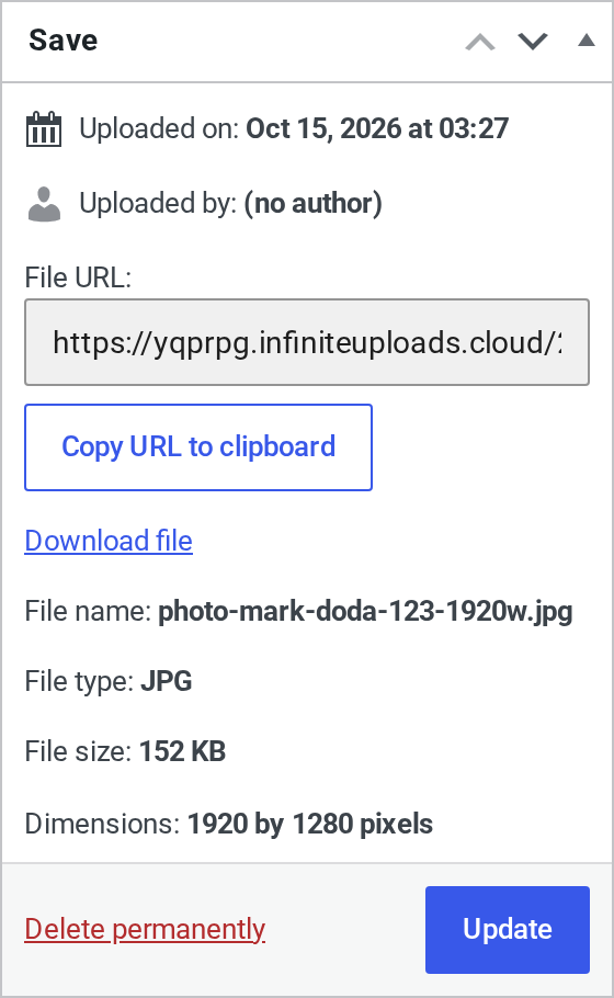 WordPress attachment details for a JPEG on the Infinite Uploads CDN: file URL on the infiniteuploads.cloud CDN, file name photo-mark-doda-123-1920w.jpg, file type JPG, 152 KB, 1920 by 1280 pixels