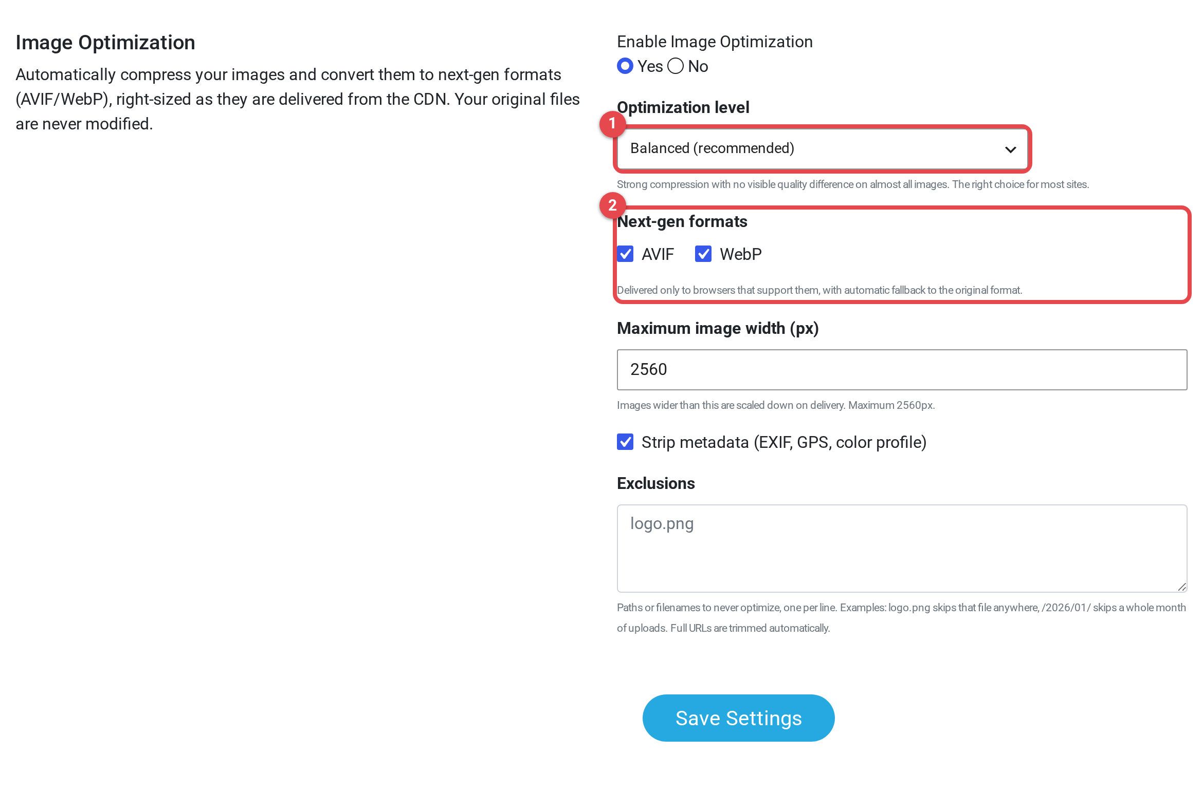 Infinite Uploads Image Optimization settings in WordPress with optimization enabled, Balanced level selected, and both AVIF and WebP next-gen formats checked
