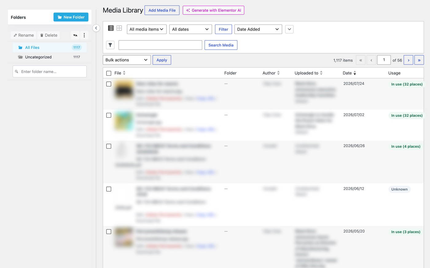 WordPress Media Library list view with the Usage column added by Media Cleanup