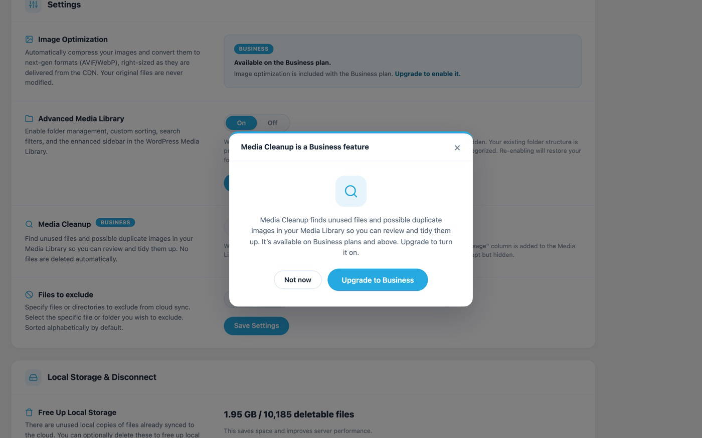Media Cleanup is a Business feature upgrade window in the Infinite Uploads settings