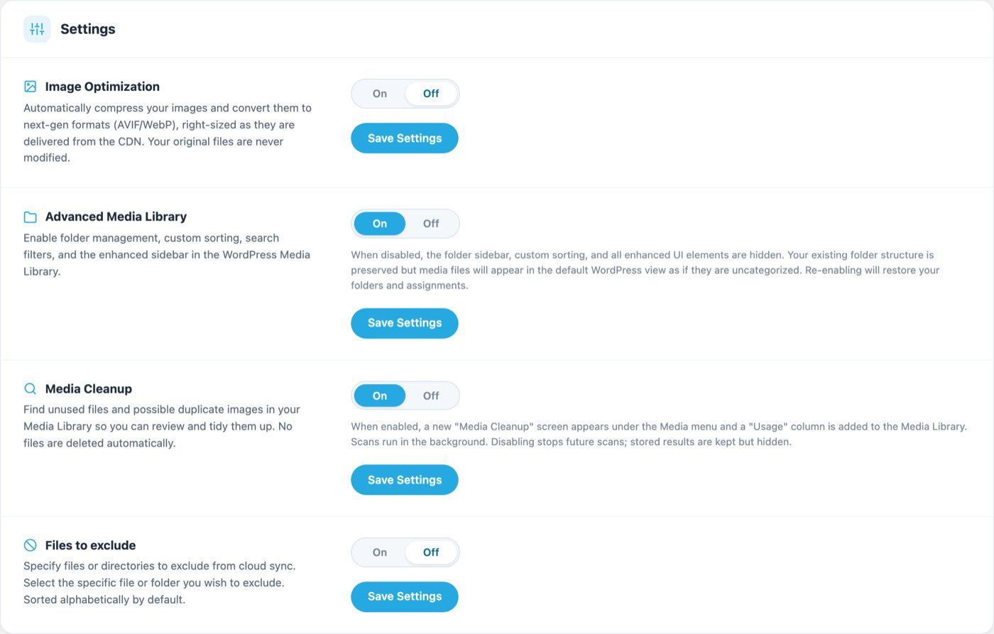 Redesigned Infinite Uploads settings screen with on and off switches