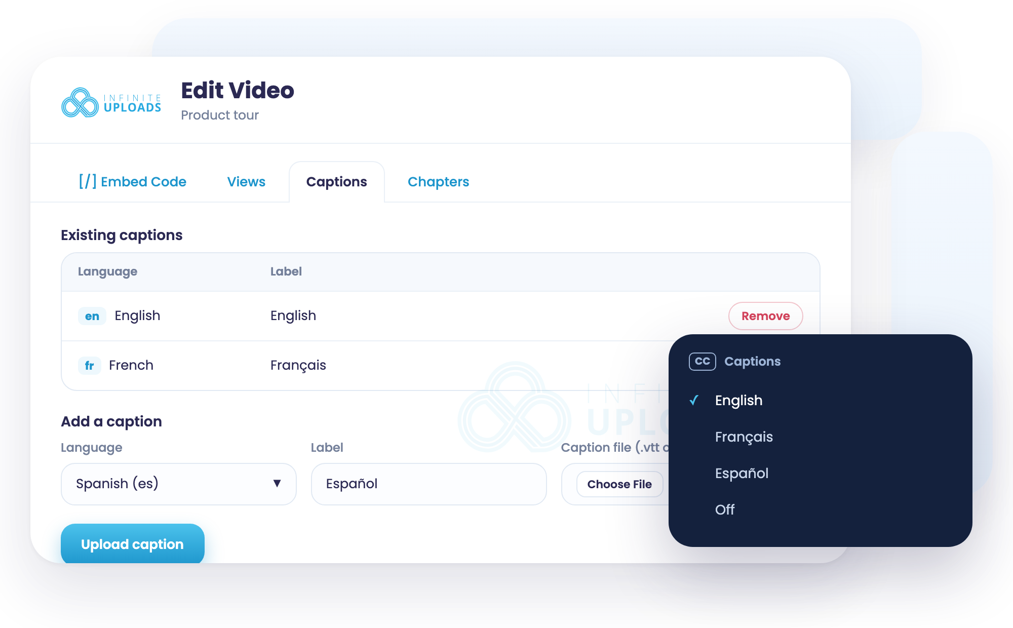 Captions tab with uploaded languages and the player CC menu