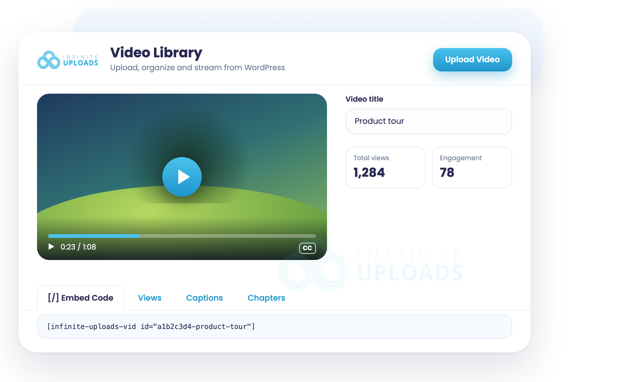 Video Library with a product tour video, view stats and the Embed Code, Views, Captions and Chapters tabs
