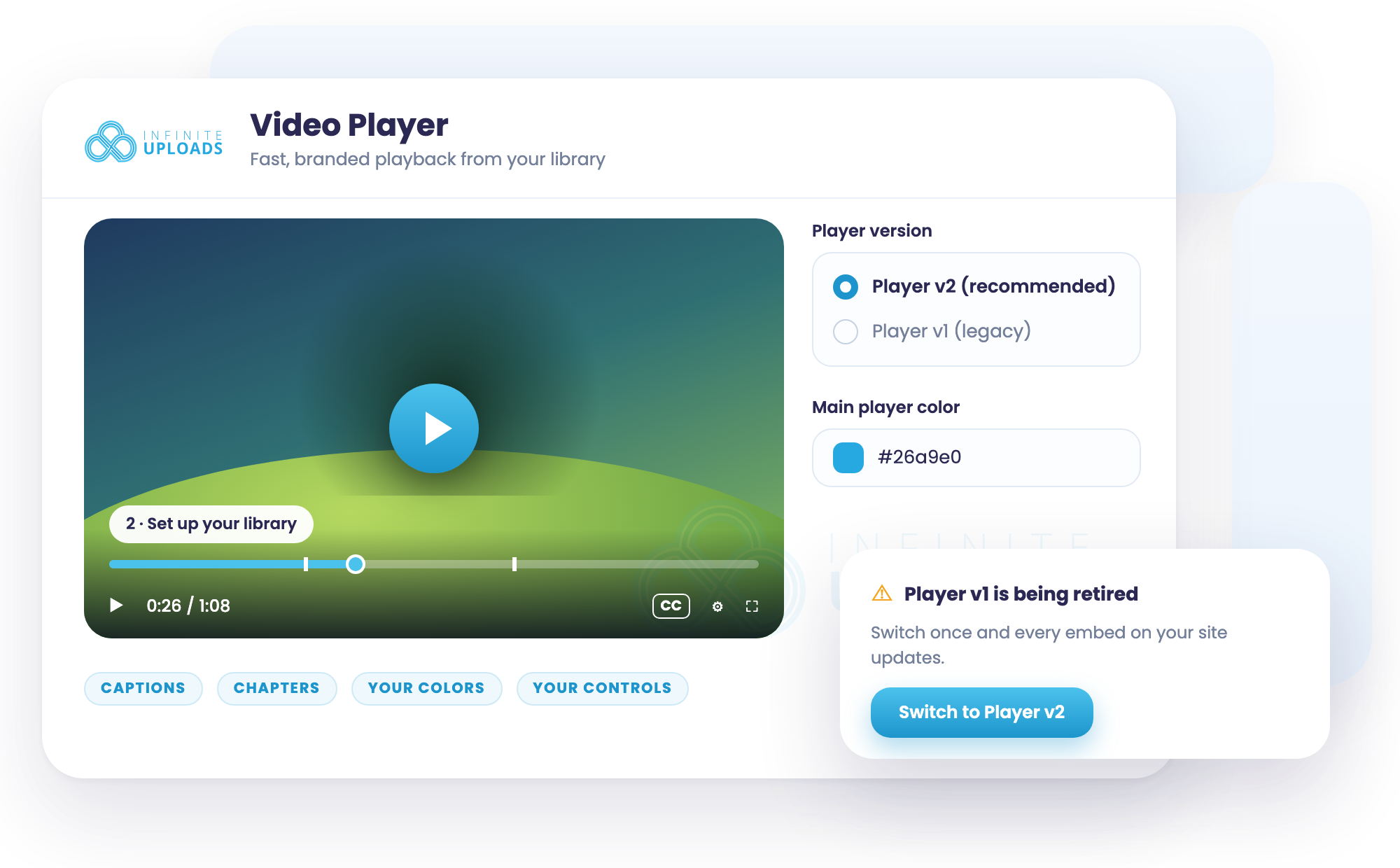 Video player with captions and chapters controls and the Player version setting