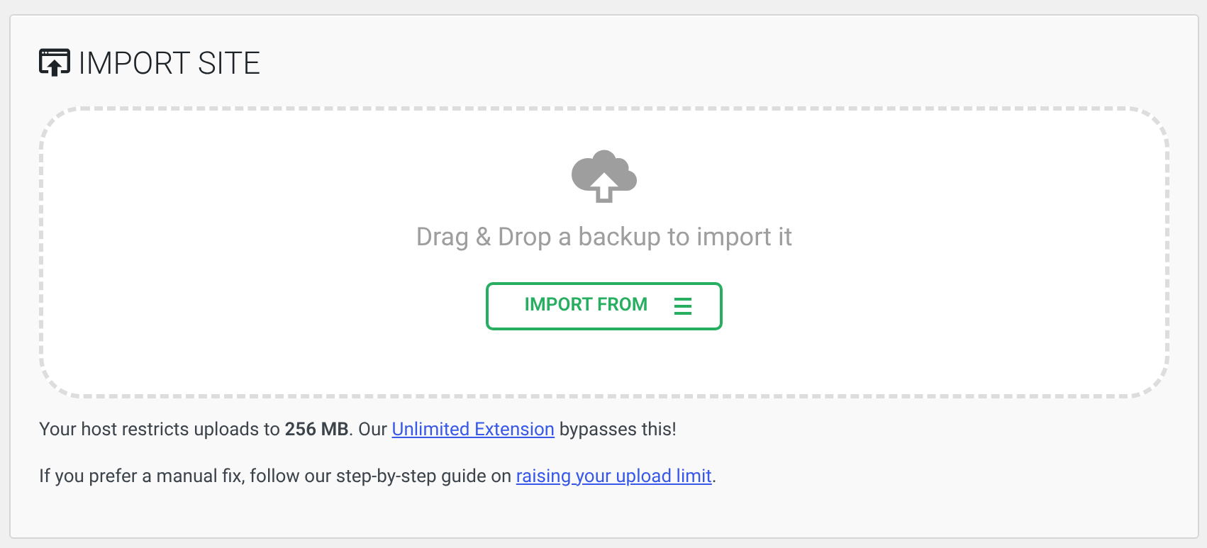 All-in-One WP Migration Import Site screen with the line Your host restricts uploads to 256 MB