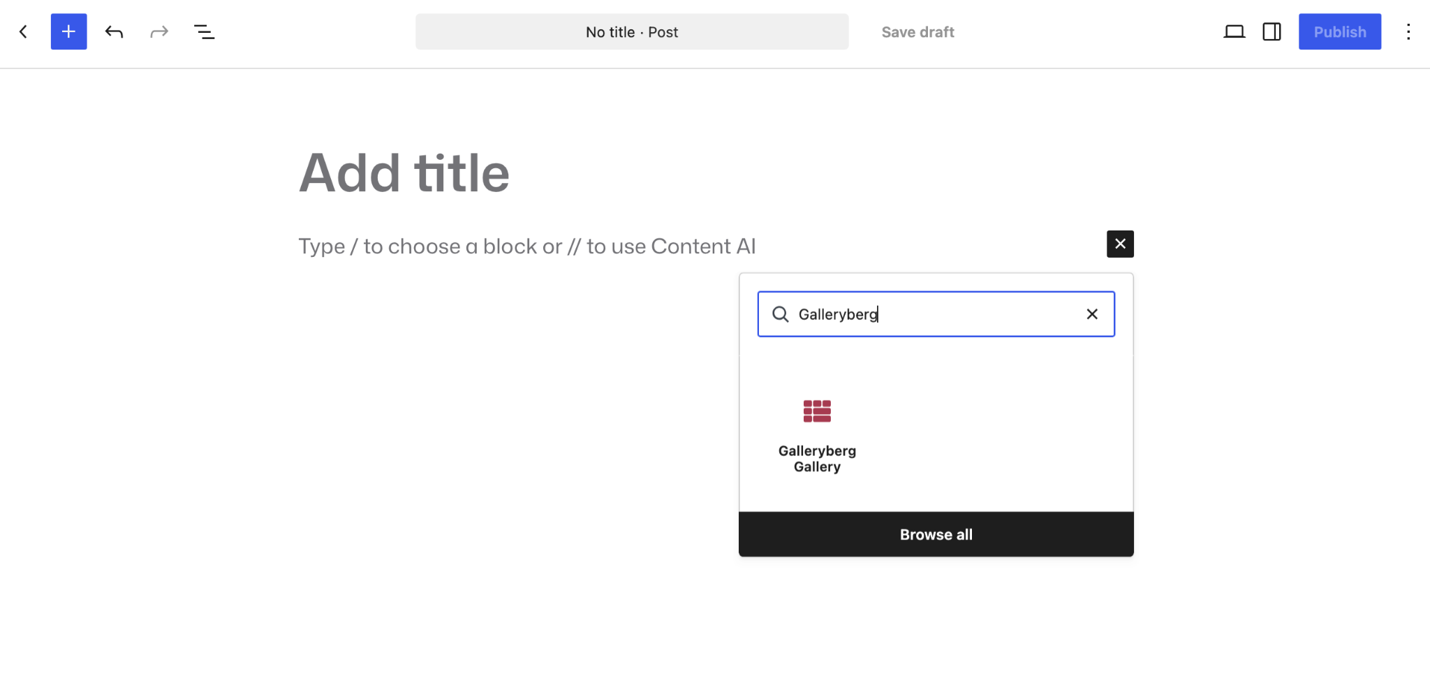 WordPress block inserter search for Galleryberg showing the Galleryberg Gallery block.